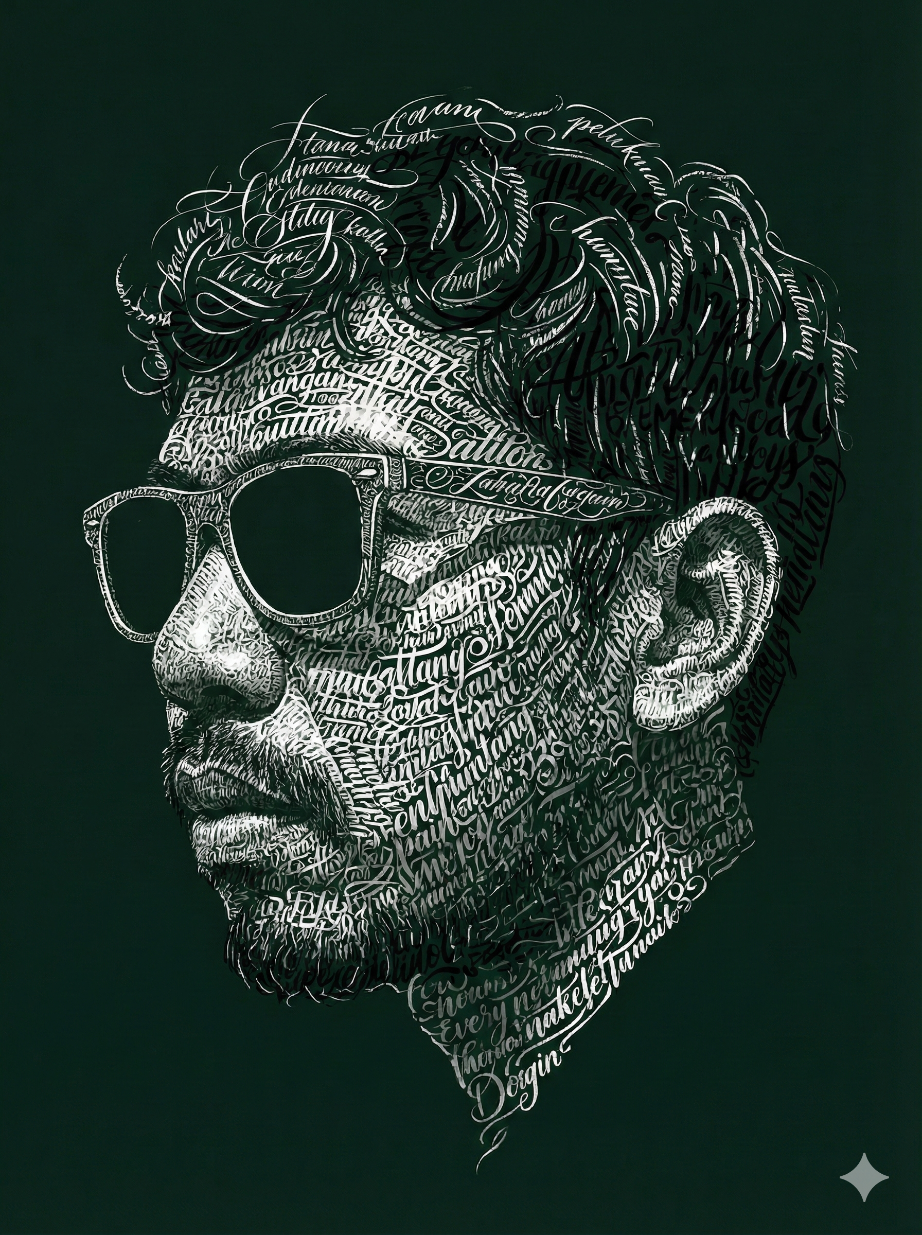 Prompt AI typographic portrait based on the provided face reference photo