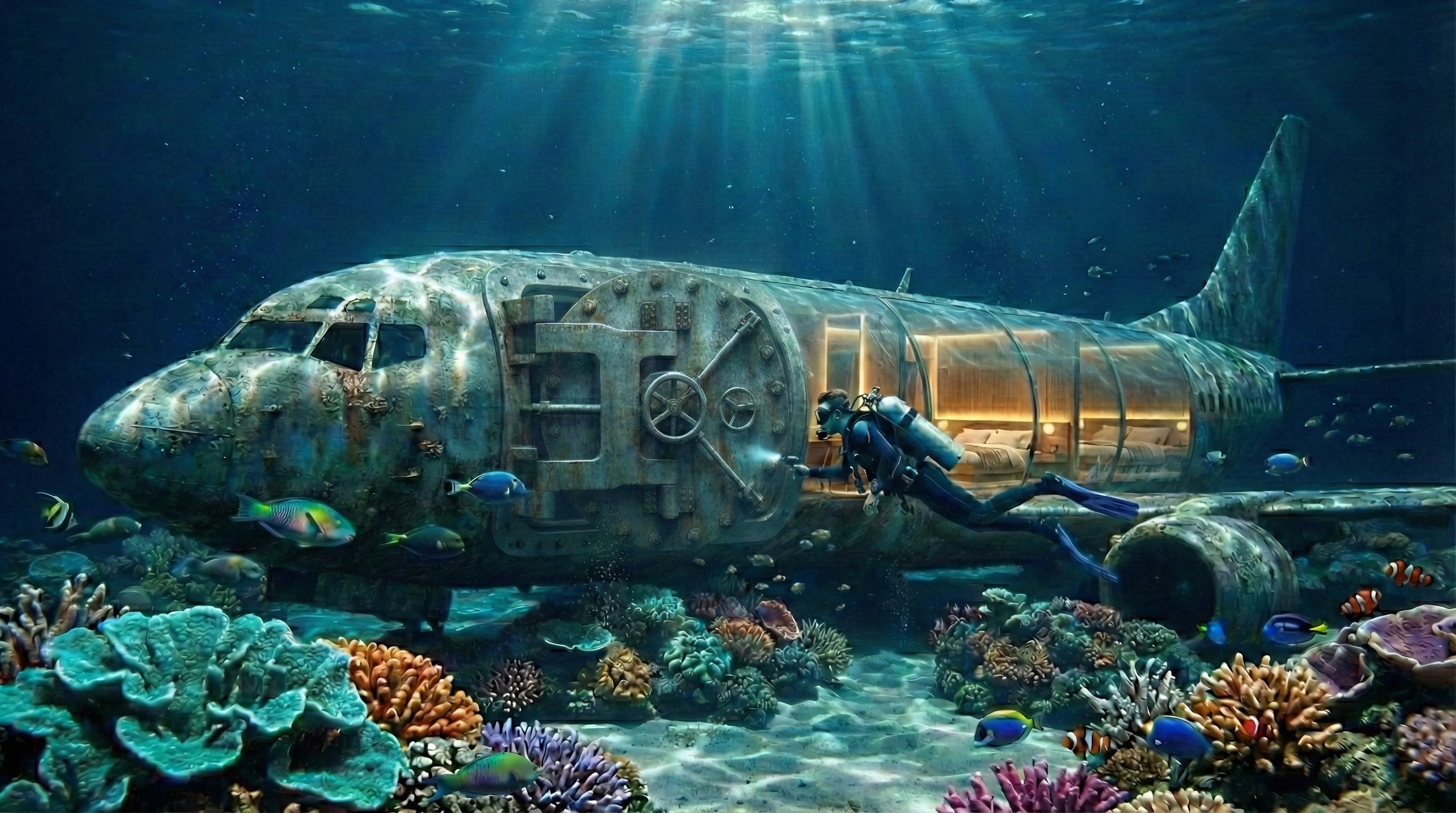 BUILDING A MODERN MINI HOTEL INSIDE SUNKEN AIRPLANE - MASTER PROMPT