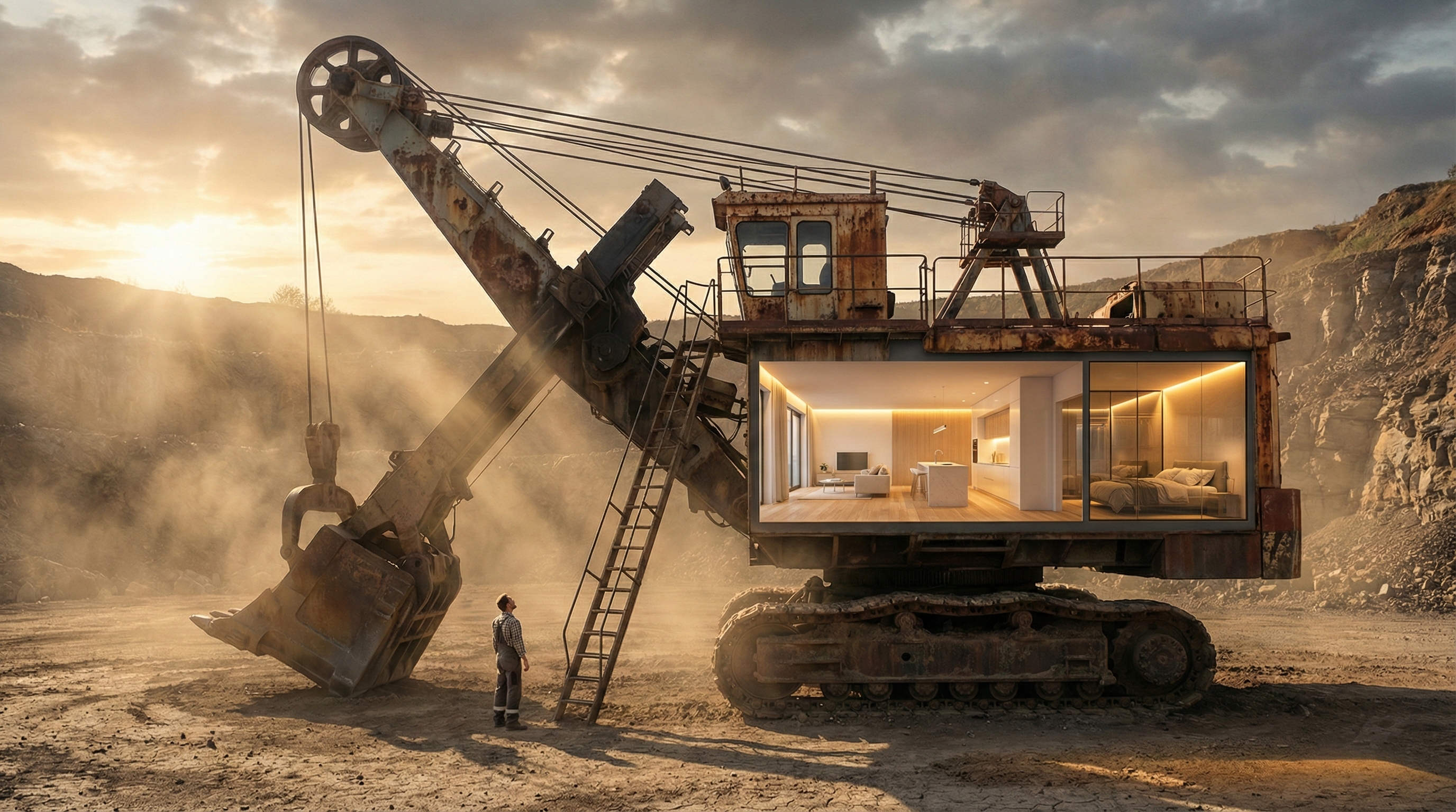 TRANSFORMING AN ABANDONED EXCAVATOR INTO A LUXURY HOME - MASTER PROMPT