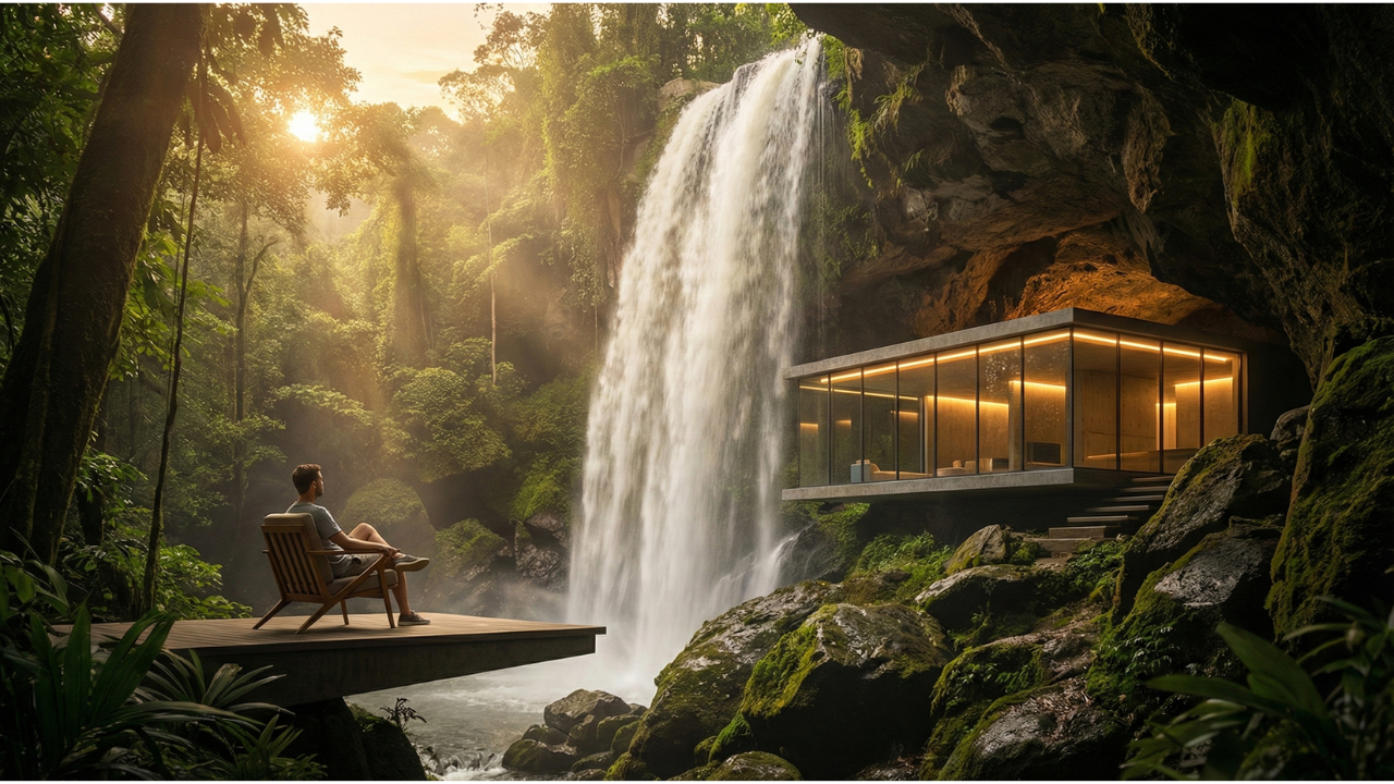 BUILDING A MODERN LUXURY CAVE HOUSE UNDER A WATERFALL - MASTER PROMPT