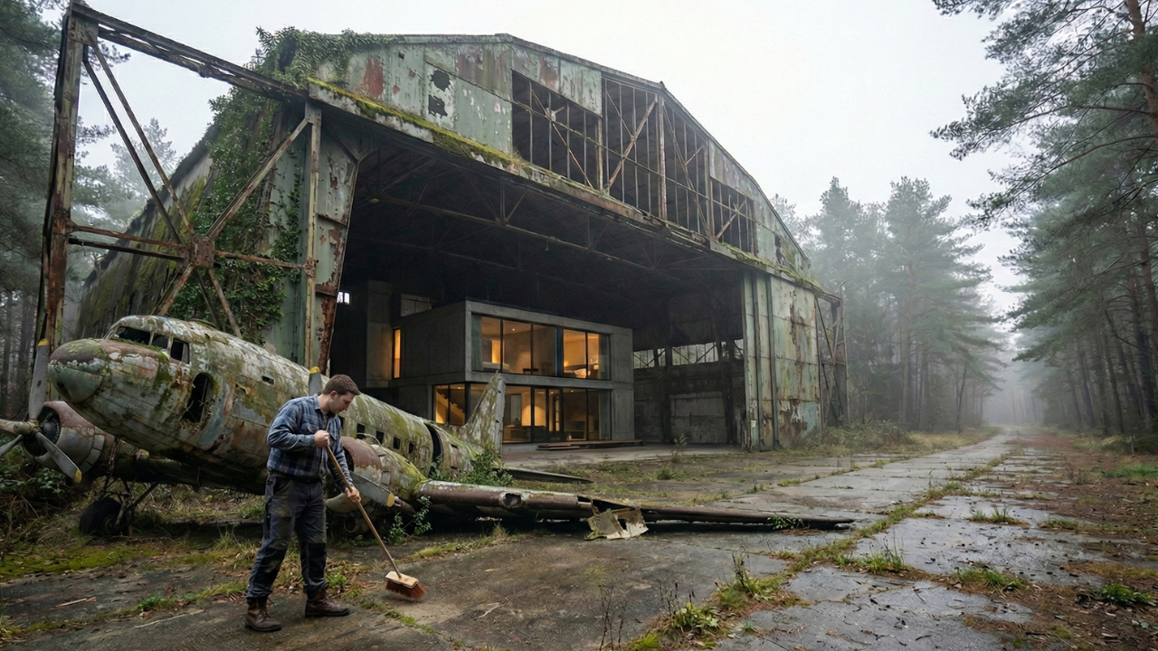 BUILDING A MODERN LUXURY HOME INSIDE AN ABANDONED WW2 AIRCRAFT HANGAR — MASTER PROMPT