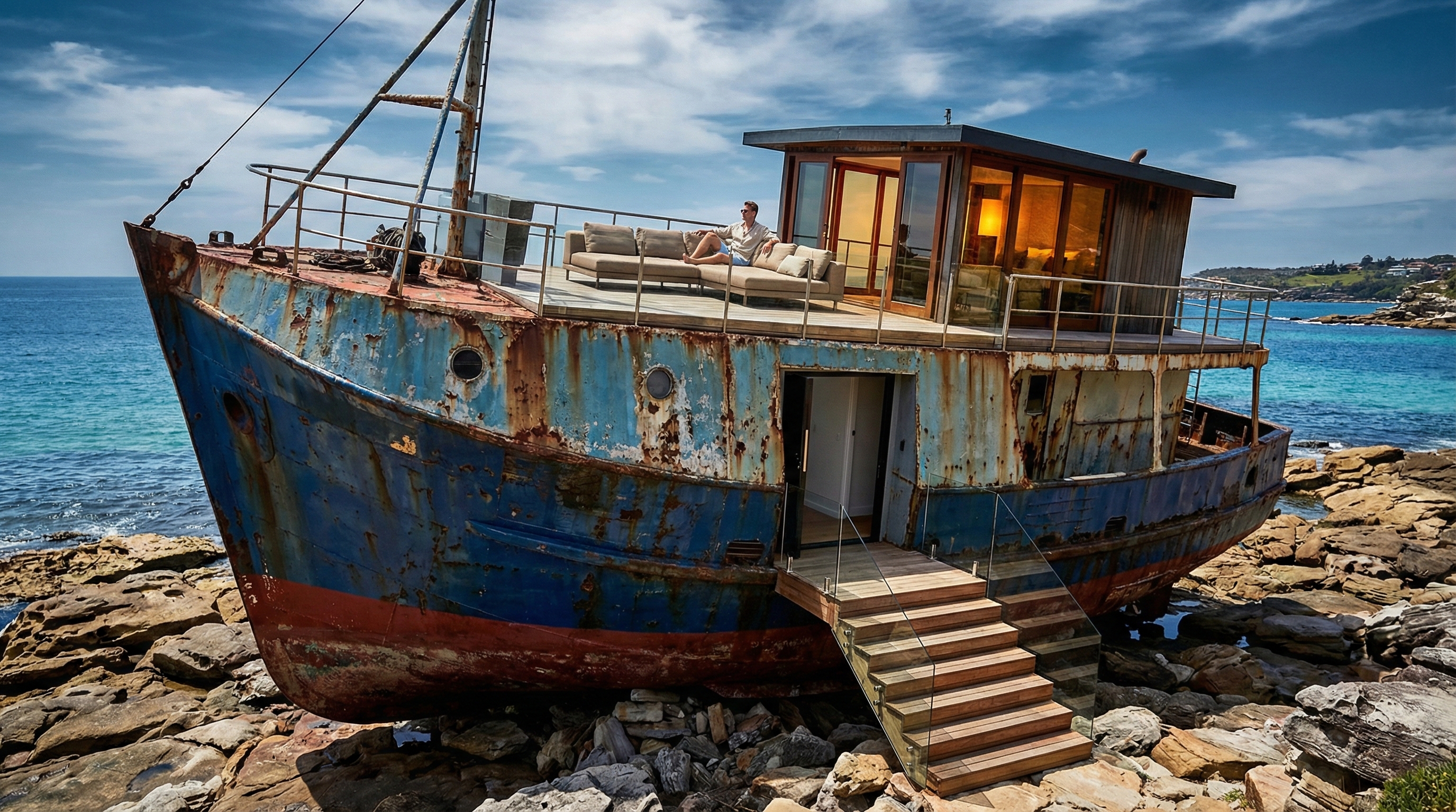 BUILDING A LUXURY BEACH HOUSE FROM A SHIPWRECK — SYDNEY COASTLINE MASTER PROMPT — CINEMATIC ASMR SUR