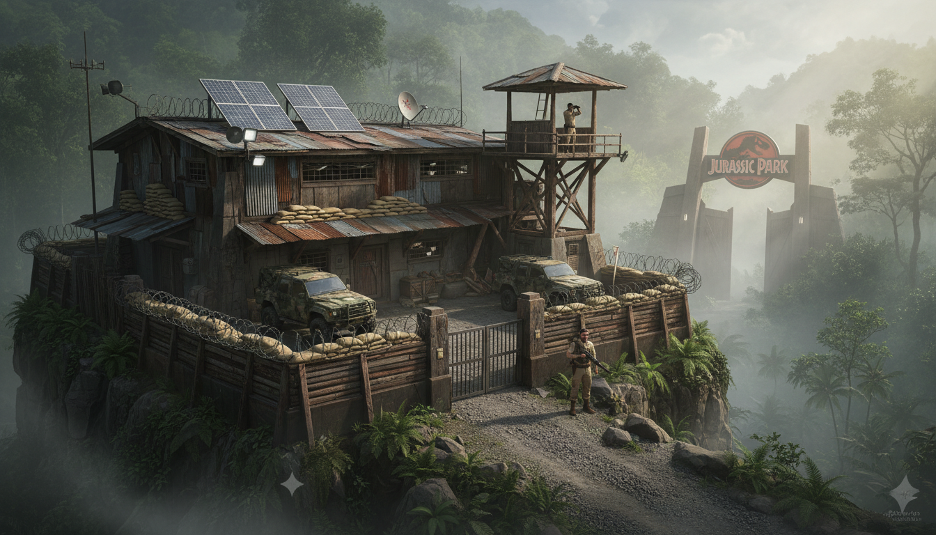 BUILDING A FORTIFIED JURASSIC PARK SURVIVAL RANGER OUTPOST OVERLOOKING THE ICONIC GATE"